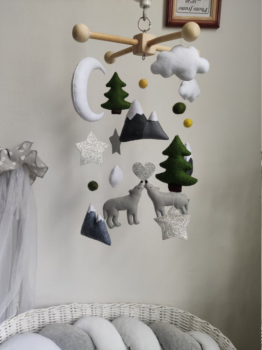 Wolf nursery mobile, Woodland mobile, Mountains baby mobile, Baby boy mobile, Forest mobile animals