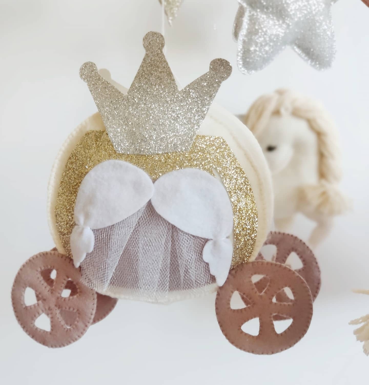 Baby girl mobile for crib with light pink, silver and gold colours mobile will perfectly suite to your fairytale nursery decor.