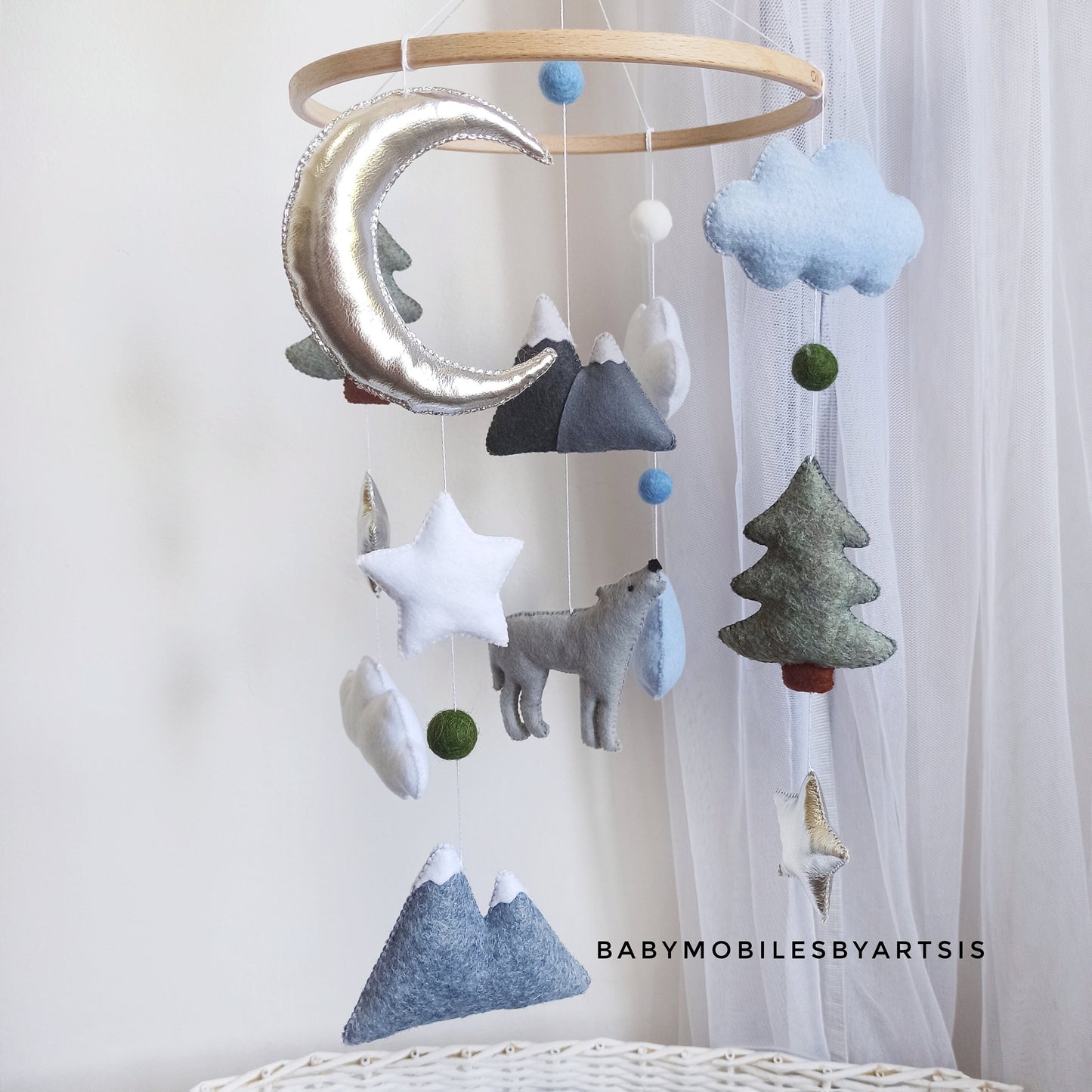 Wolf baby mobile, Wolf nursery mobile, Forest animals mobile,  Woodland mobile crib, Mountain wolf mobile