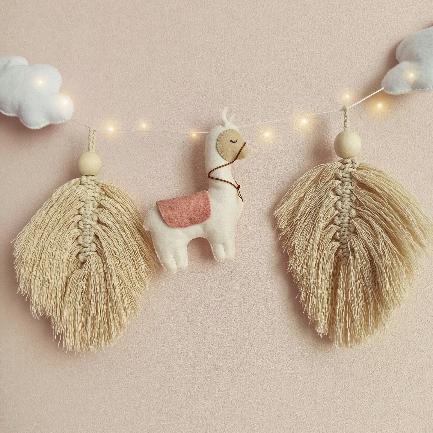 New baby gift, baby shower gift felt garld  with llama and macrame feather