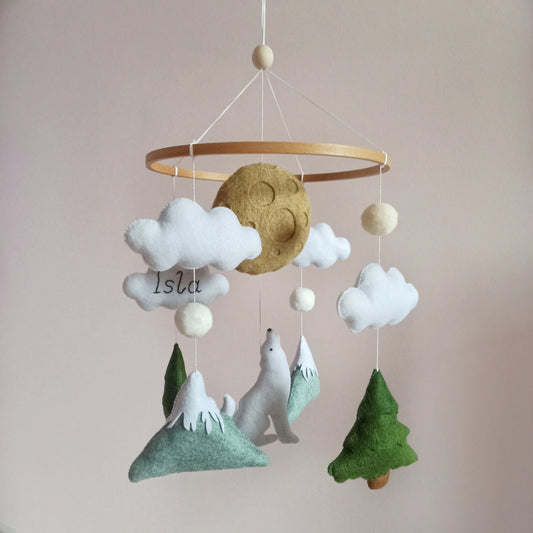 Wolf baby mobile, Wolf nursery decor, Mobile woodland, Mountain mobile, Moon and wolf baby mobile