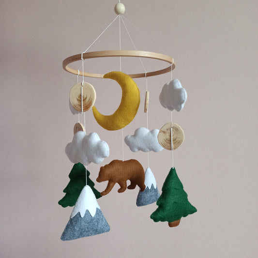 Woodland baby mobile, Bear mobile, Simple mobile nursery evergreen, Wilderness baby mobile