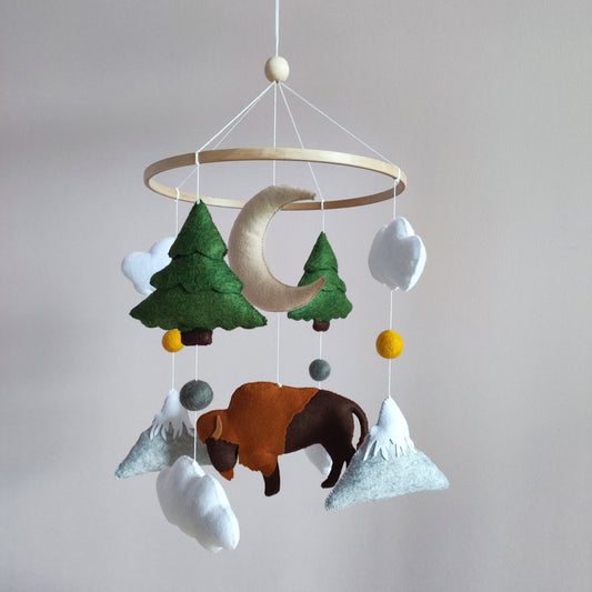 Buffalo nursery mobile, American Bison baby mobile, Mountain mobile, Woodland mobile