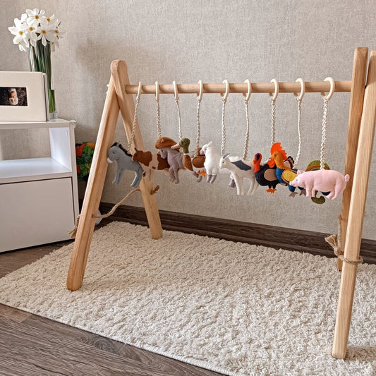 Farm animals play gym, Activity centre toys, Toys for wooden frame, Infant sensory toy